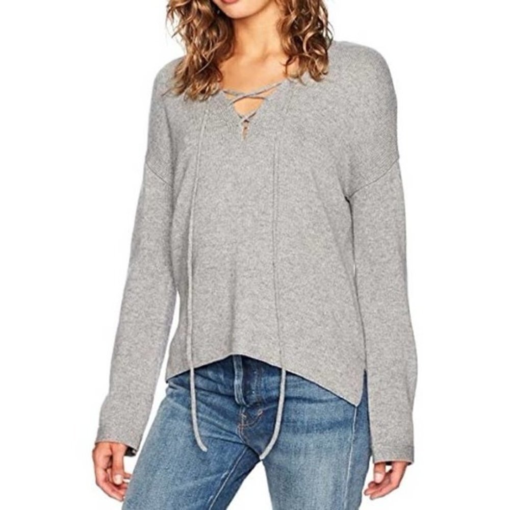 Joie Gray Pullover Lace Up V-Neck Knit Sweater, S